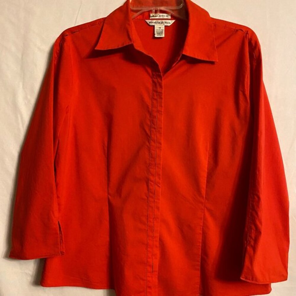 Preston & York Womens Stretch Red Blouse Top Decorative slits on sleeves.Size 14